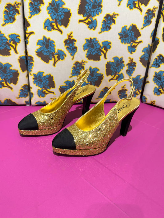 Chanel Gold Glitter Platform Slingbacks