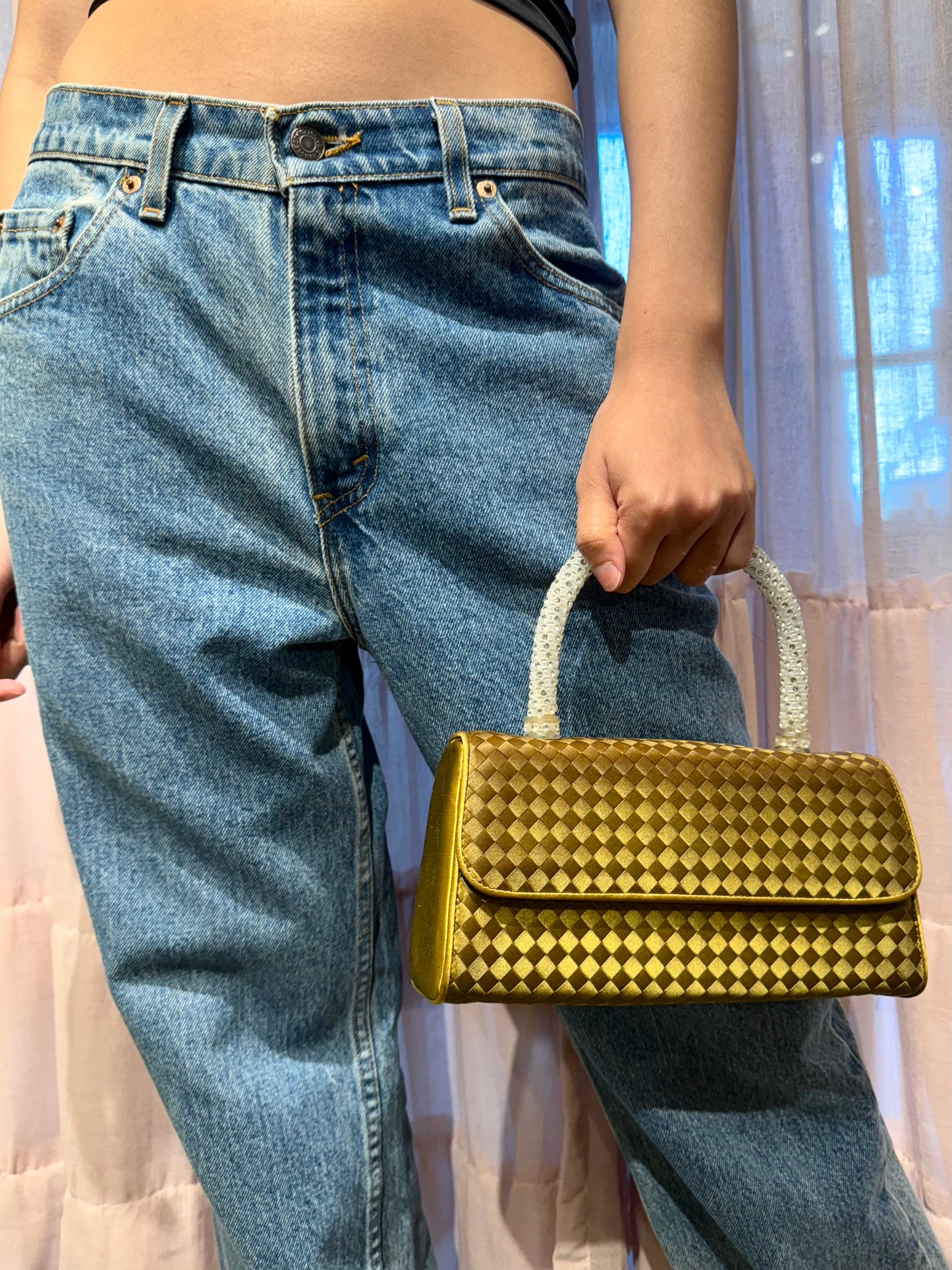 Bottega Veneta Green Satin Crystal Handbag