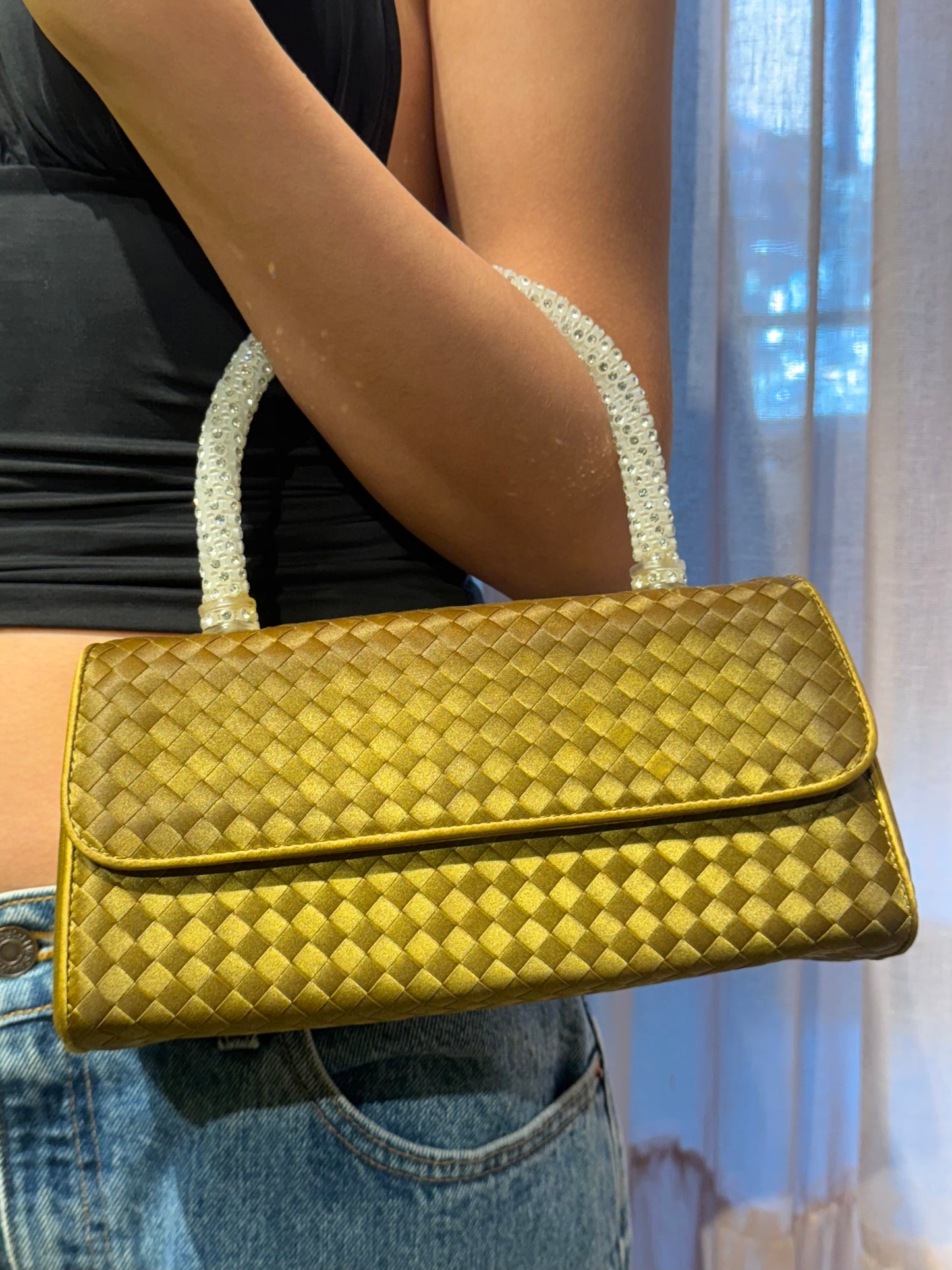 Bottega Veneta Green Satin Crystal Handbag