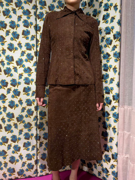 Dolce & Gabbana F/W 2000 Suede Swarovski Brown Skirt Suit