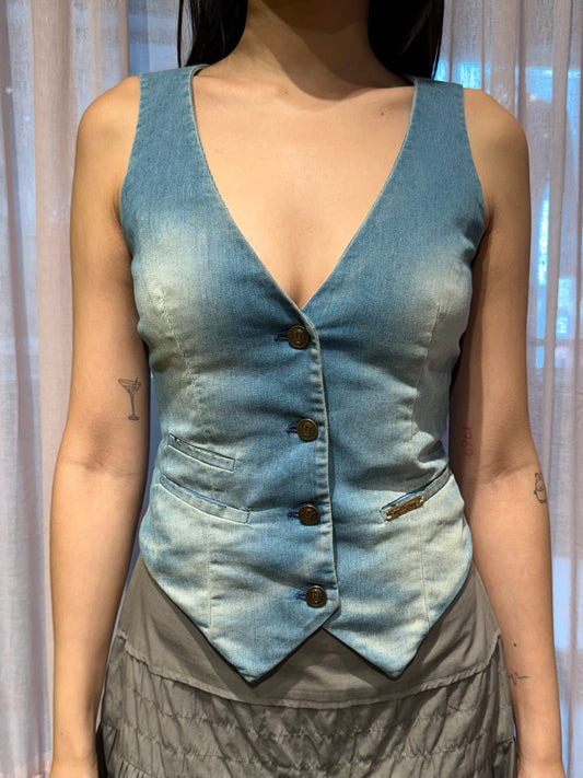 Galliano Denim Newsprint Waistcoat