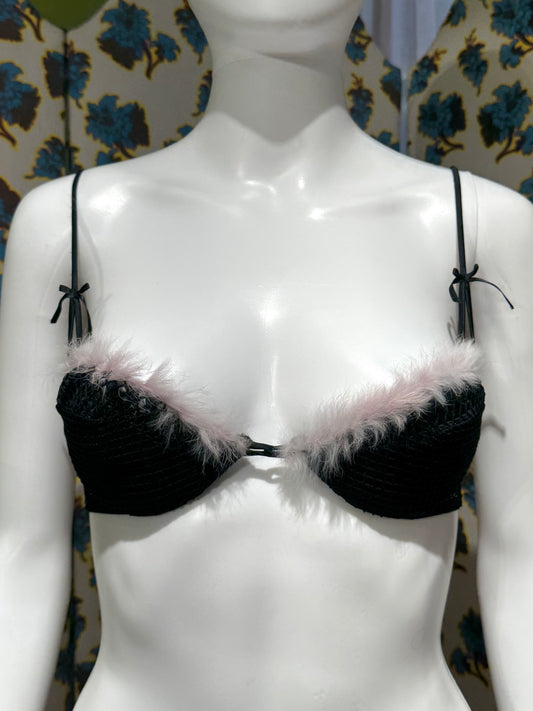 La Perla Black Fishnet Fur Trim Bra