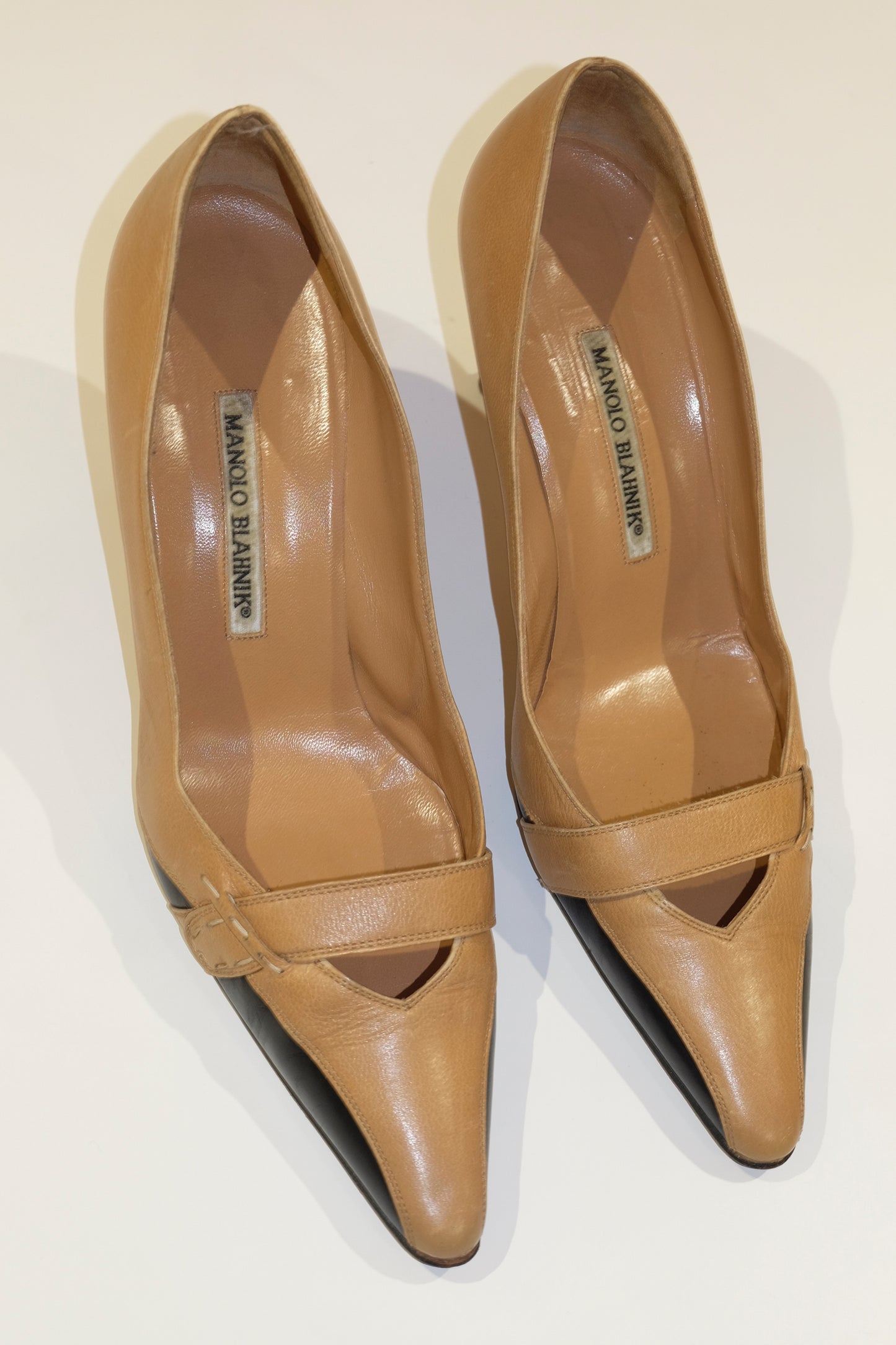 Manolo Blahnik Tan and Black Kitten Heels