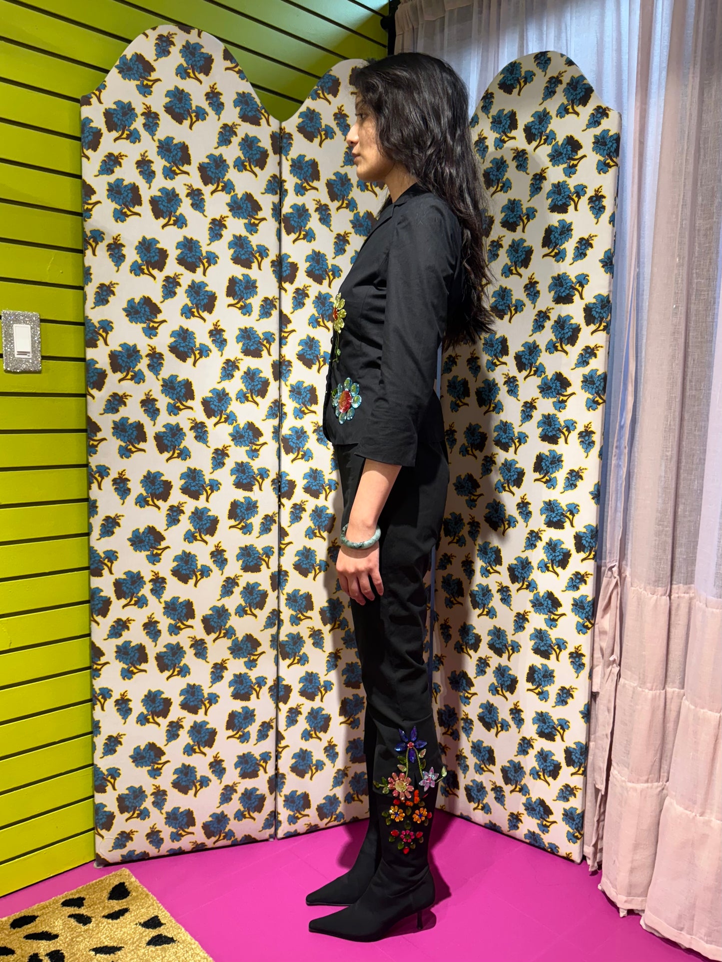Moschino Cheap & Chic Gem Flower Jacket, Pants, and Boots