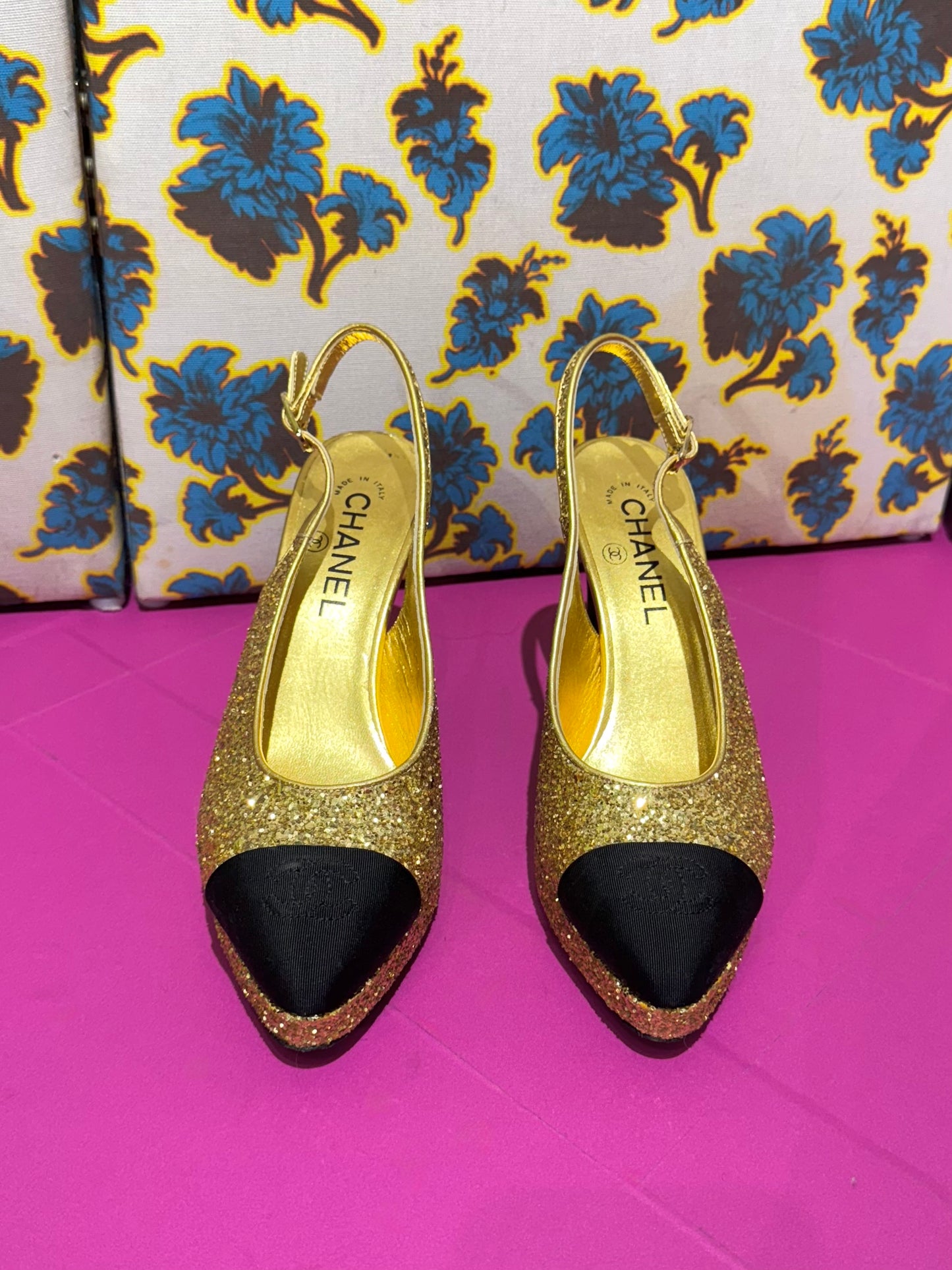Chanel Gold Glitter Platform Slingbacks