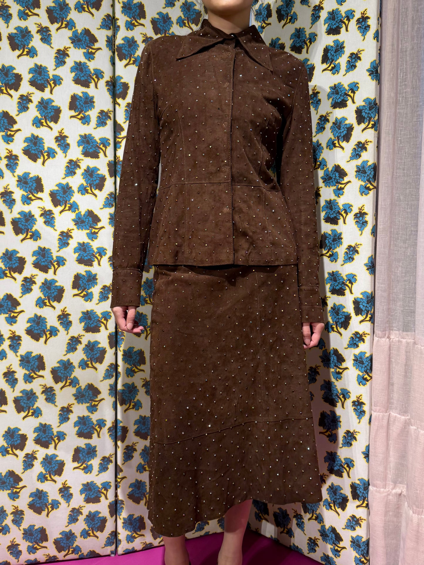 Dolce & Gabbana F/W 2000 Suede Swarovski Brown Skirt Suit