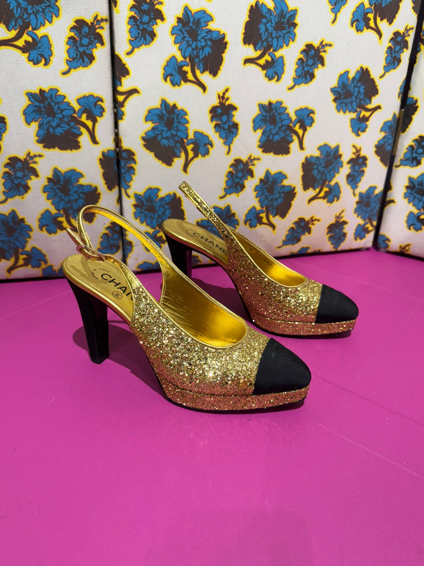 Chanel Gold Glitter Platform Slingbacks