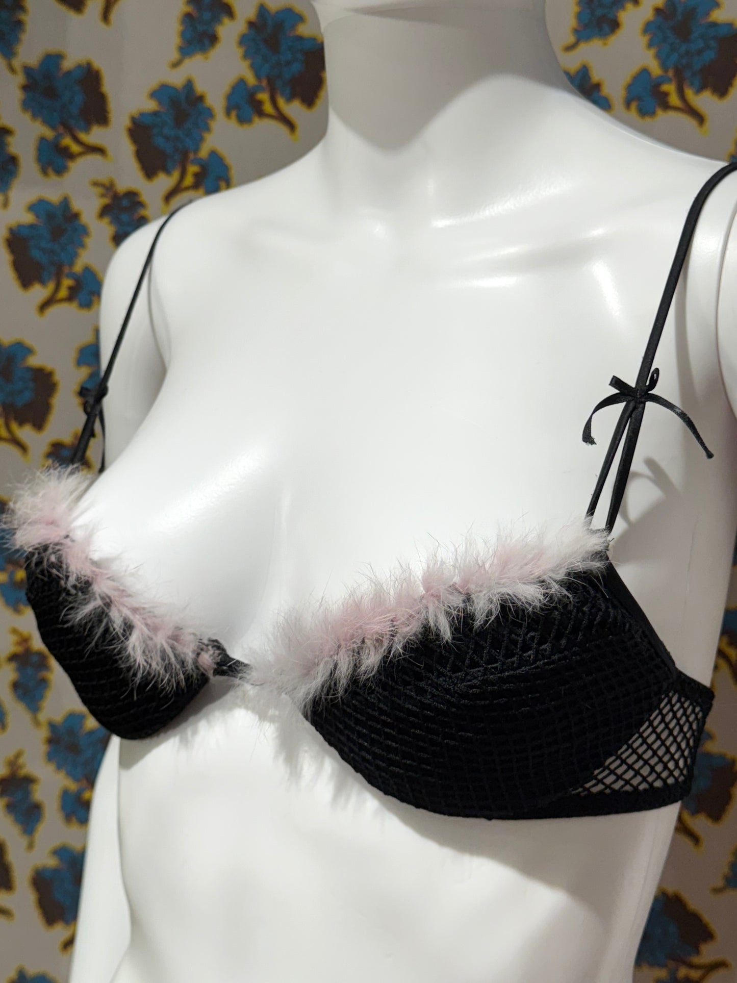La Perla Black Fishnet Fur Trim Bra