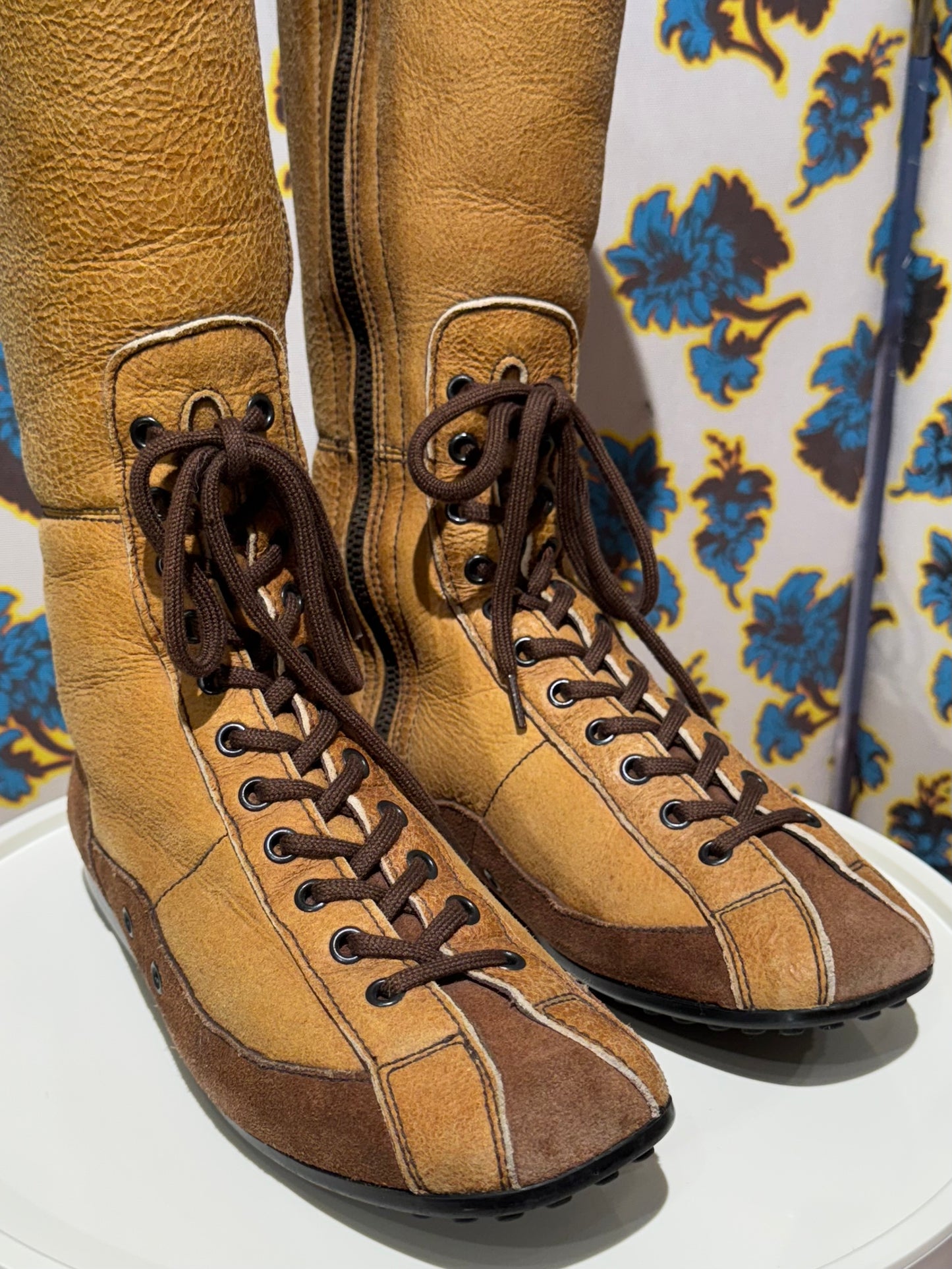 Prada Car Shoe Shearling Lace Up Boots 35.5