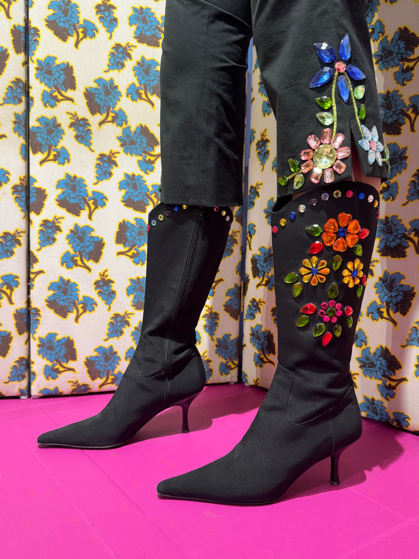 Moschino Cheap & Chic Gem Flower Jacket, Pants, and Boots