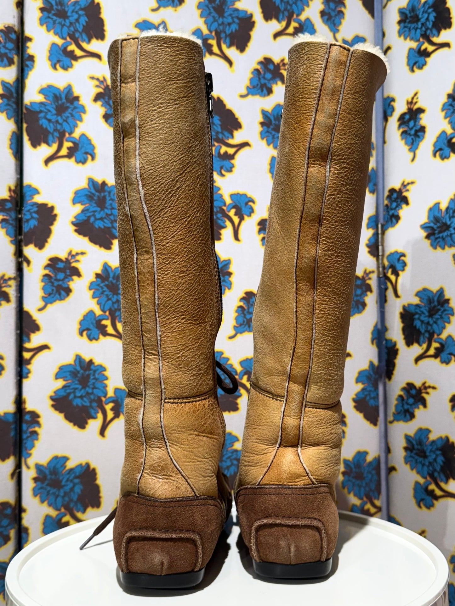 Prada Car Shoe Shearling Lace Up Boots 35.5