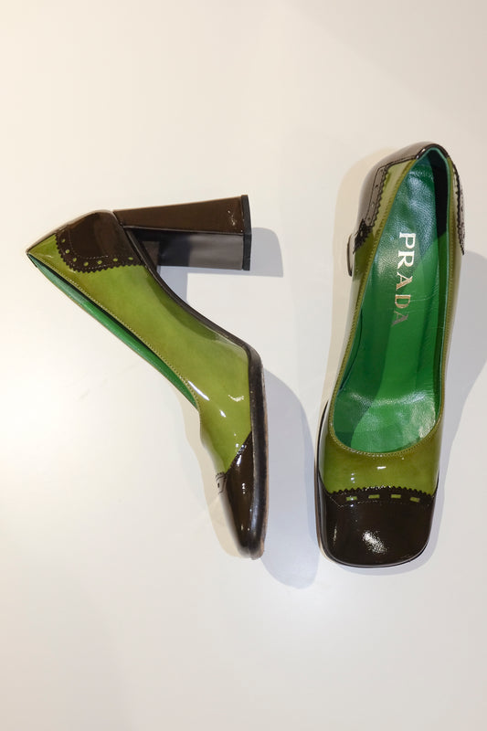 Prada Green and Brown Patent Pumps