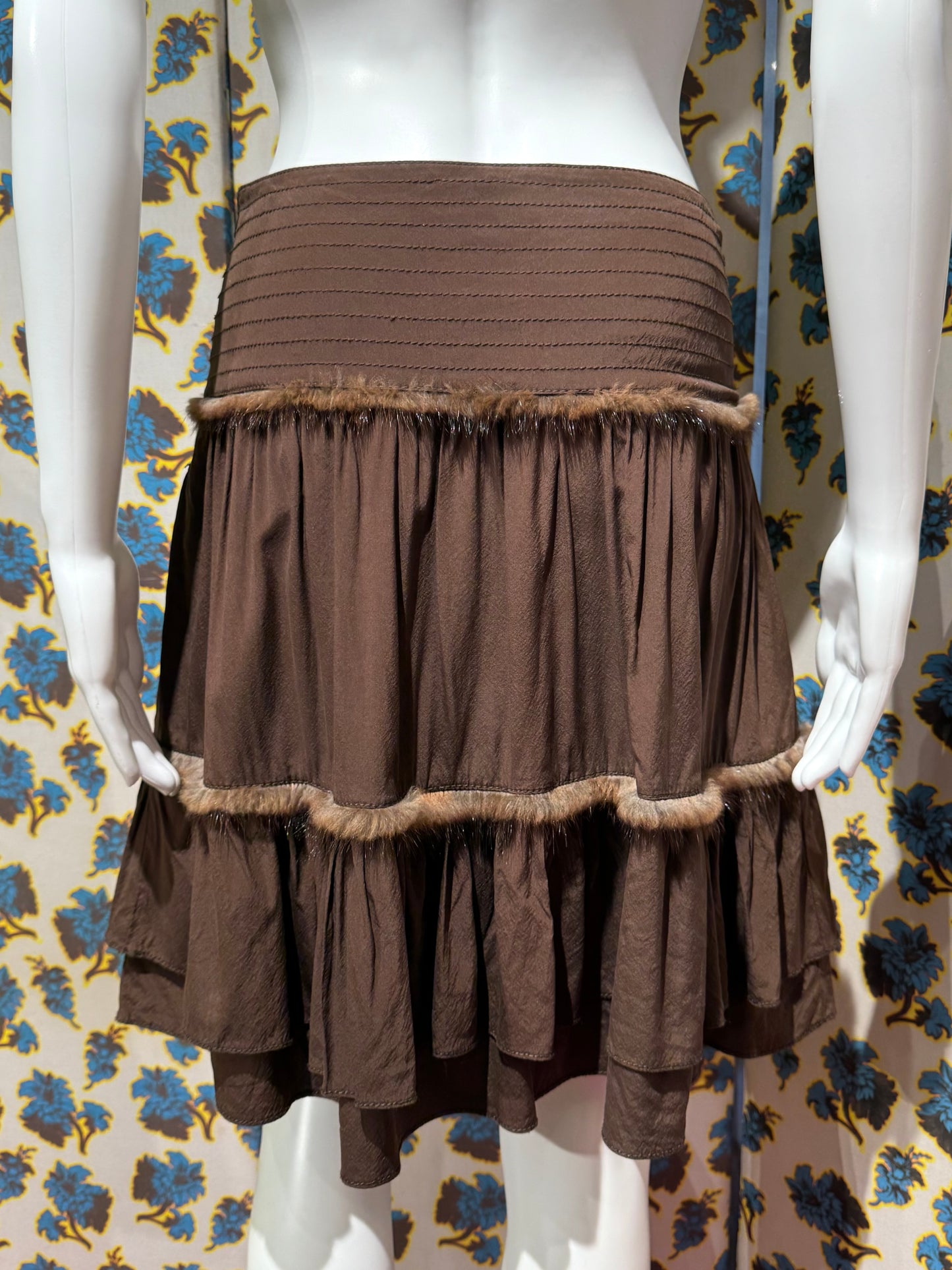 Blumarine Brown Silk and Rabbit Fur Skirt