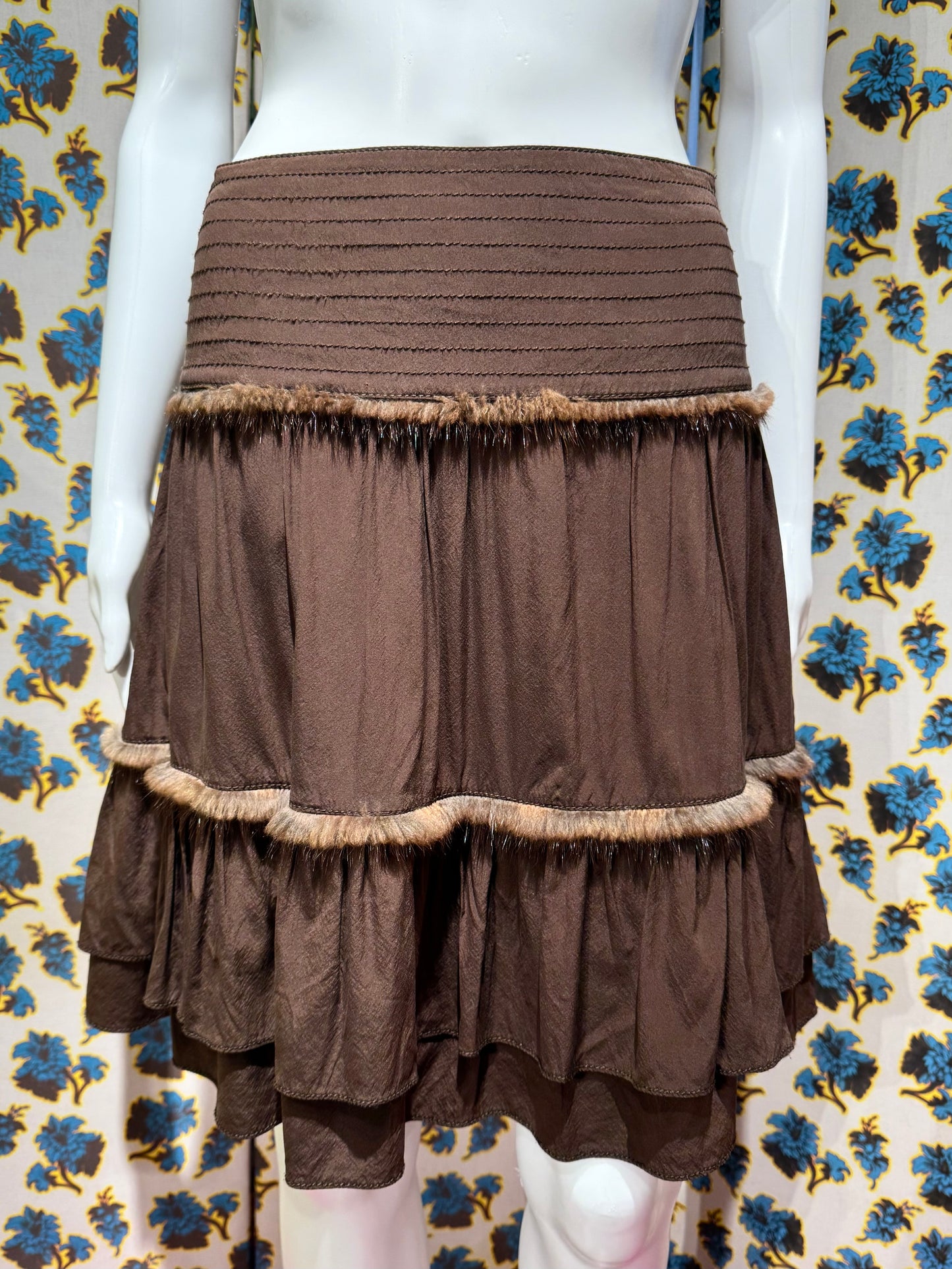 Blumarine Brown Silk and Rabbit Fur Skirt