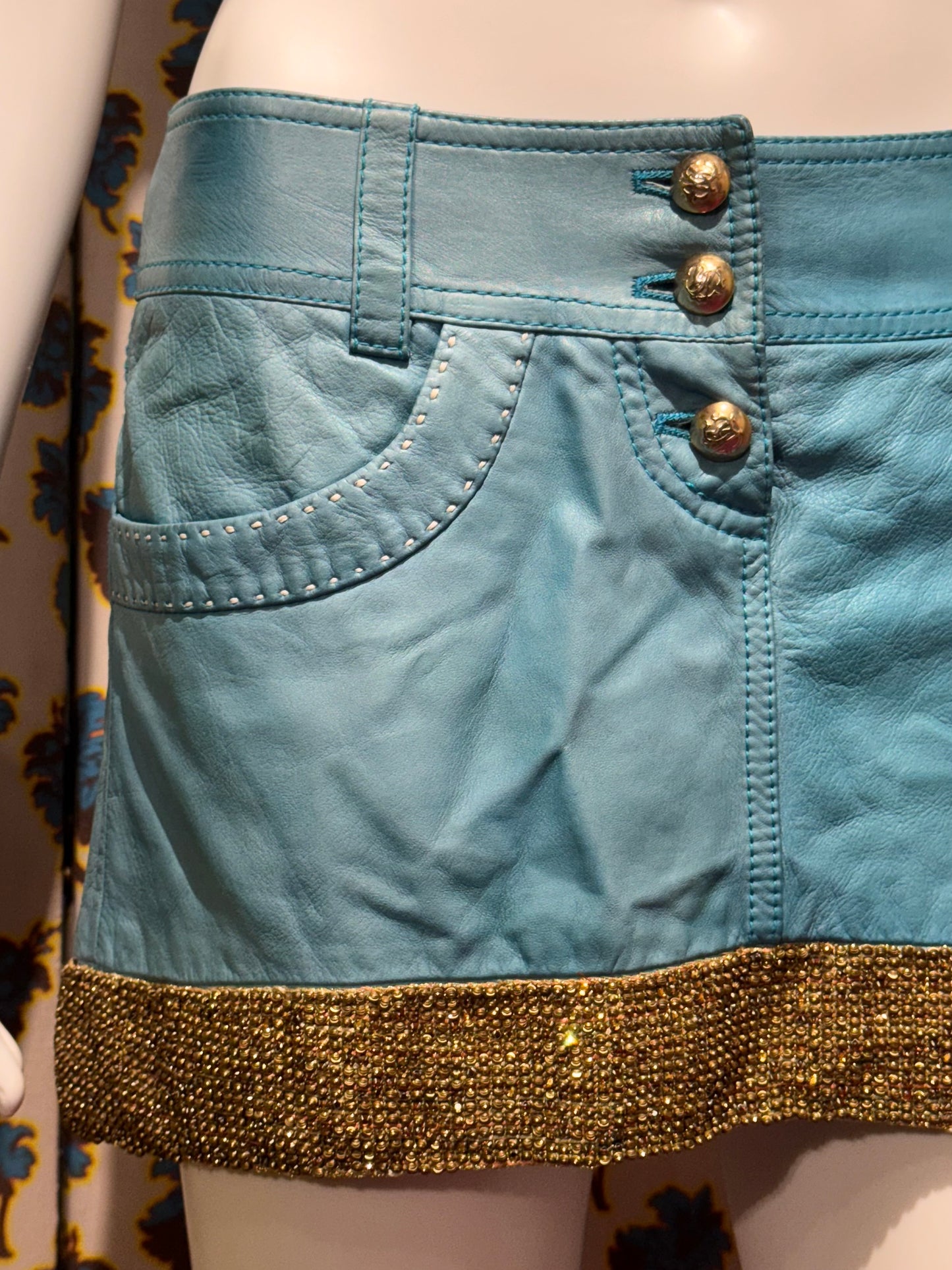 Roberto Cavalli S/S 2005 Blue Leather Mini Skirt