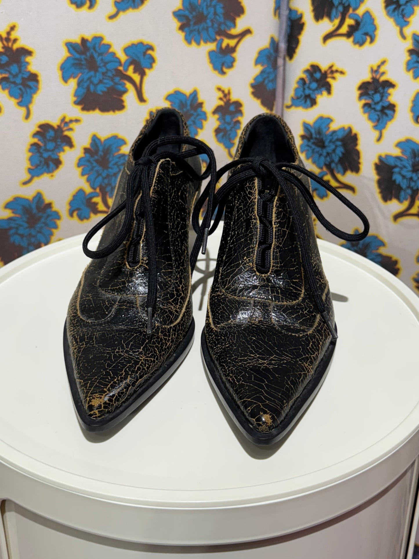 Miu Miu F/W 2001 Crackled Leather Lace Up Heels