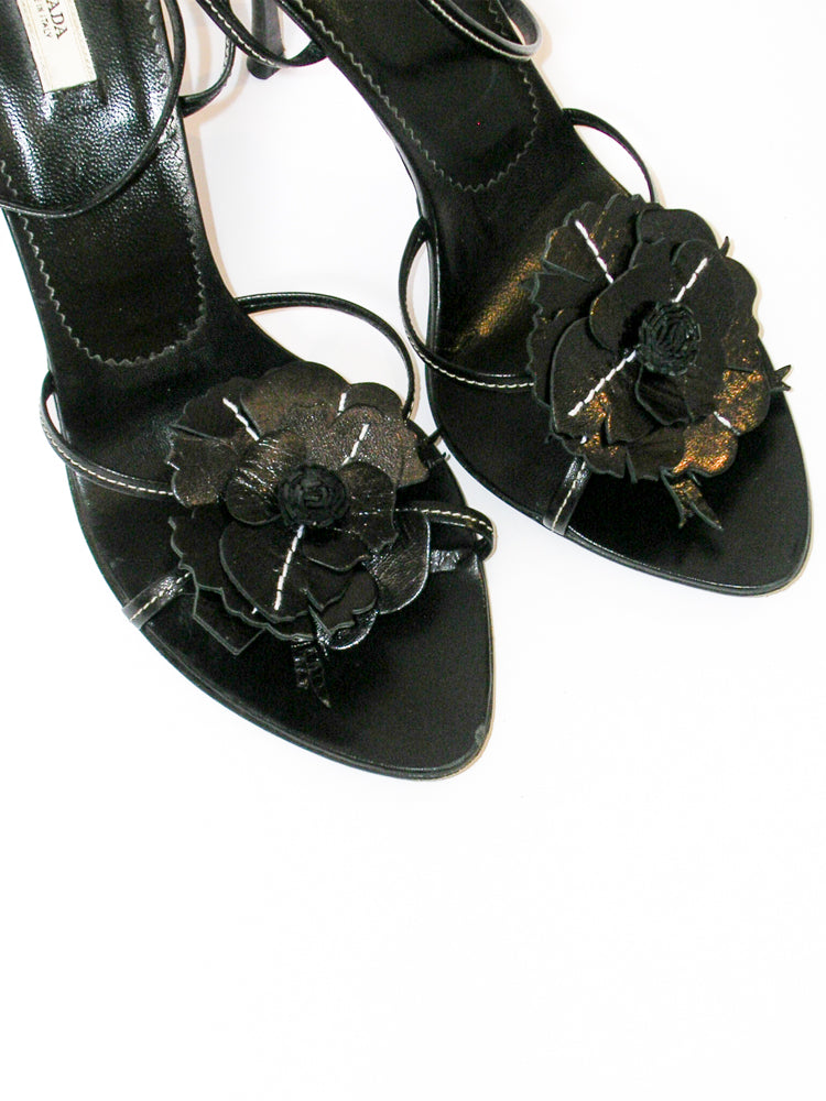 Prada Leather Flower Heeled Sandals